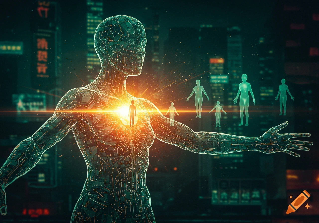 Digital illustration of a circuit-board figure holding glowing human figures in a futuristic city.