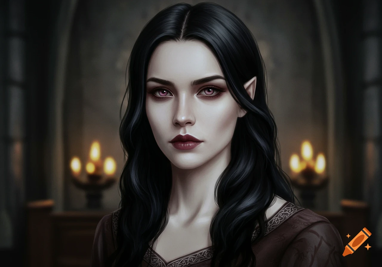 Realistic portrait of a fantasy woman with dark hair, pink eyes, and pointed ears