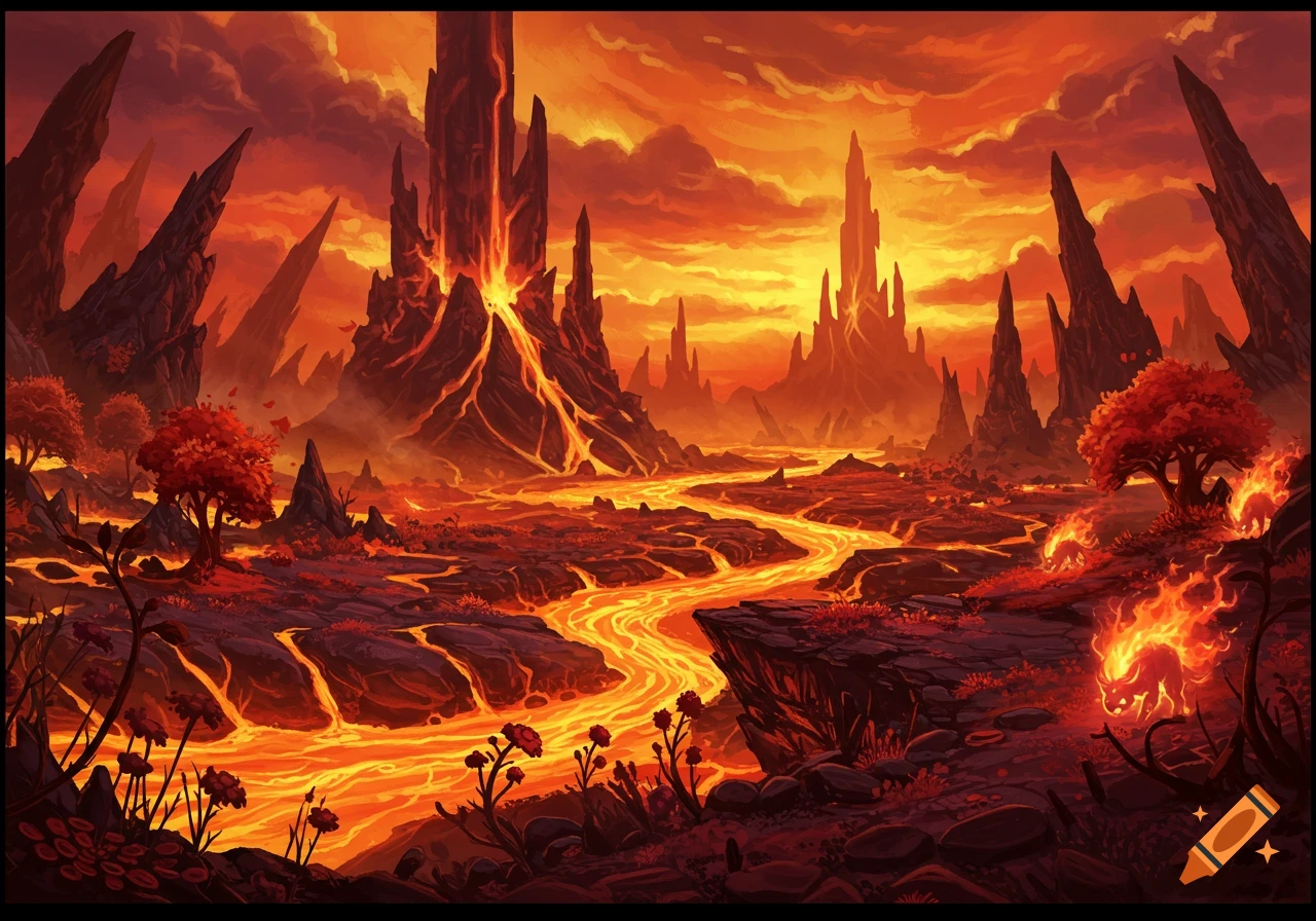 A fantasy landscape of a fiery volcanic world with rivers of lava and sharp rock spires under an orange sky.