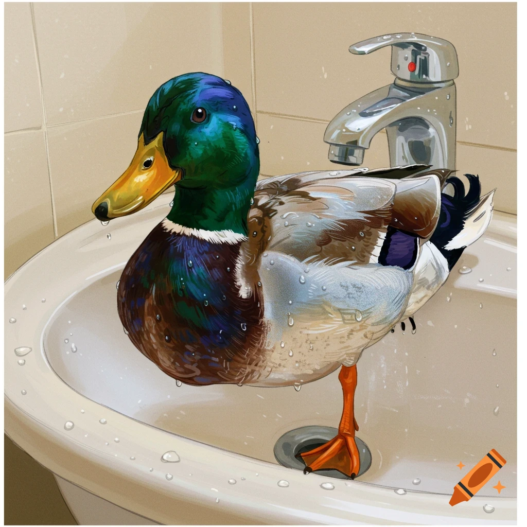 An illustration of a mallard duck standing in a bathroom sink.