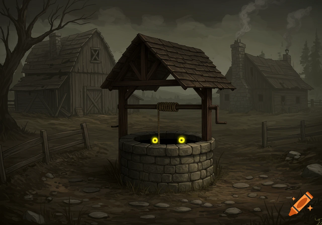 Dark, painted scene of an old farm with a well containing glowing eyes.