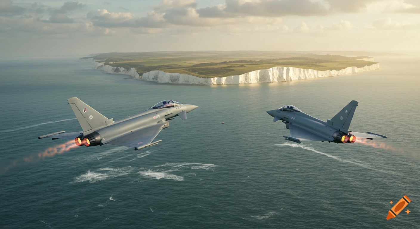 Two Eurofighter Typhoons fly over the sea with white cliffs in the background, photorealistic