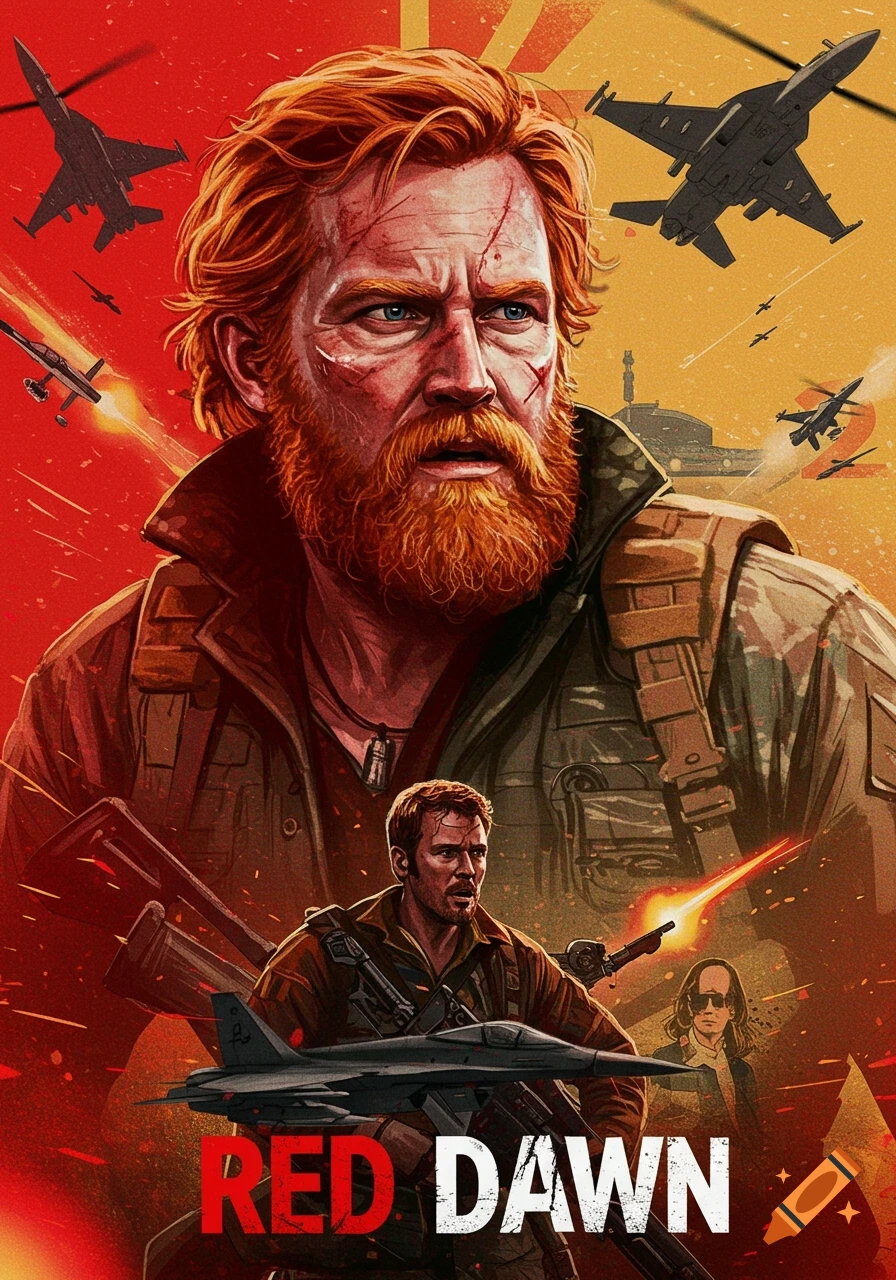 Movie poster for Red Dawn featuring a bearded man and military aircraft.