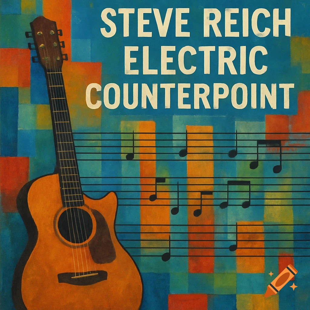 Acoustic guitar leans against an abstract background with musical staff, notes, and the text 'STEVE REICH ELECTRIC COUNTERPOINT'.
