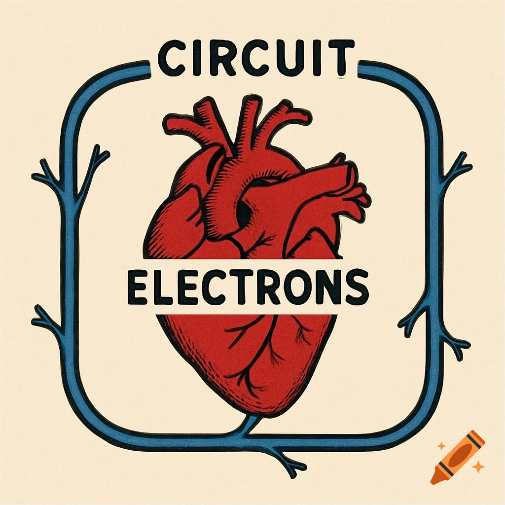 Stylized illustration of a human heart with veins forming a circuit frame, labeled 'CIRCUIT' and 'ELECTRONS'.
