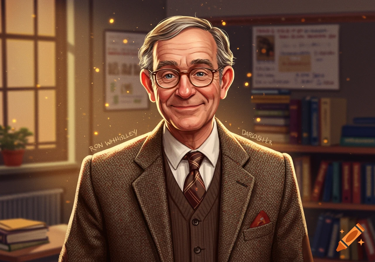 Portrait of an older man with glasses, wearing a tweed jacket and tie, smiling in a classroom.
