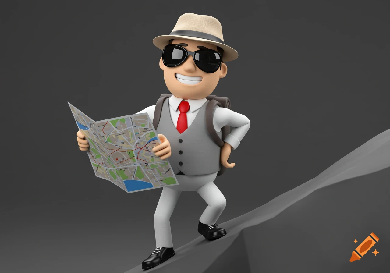 A smiling 3D cartoon man tourist with a hat and sunglasses climbs while holding a map.
