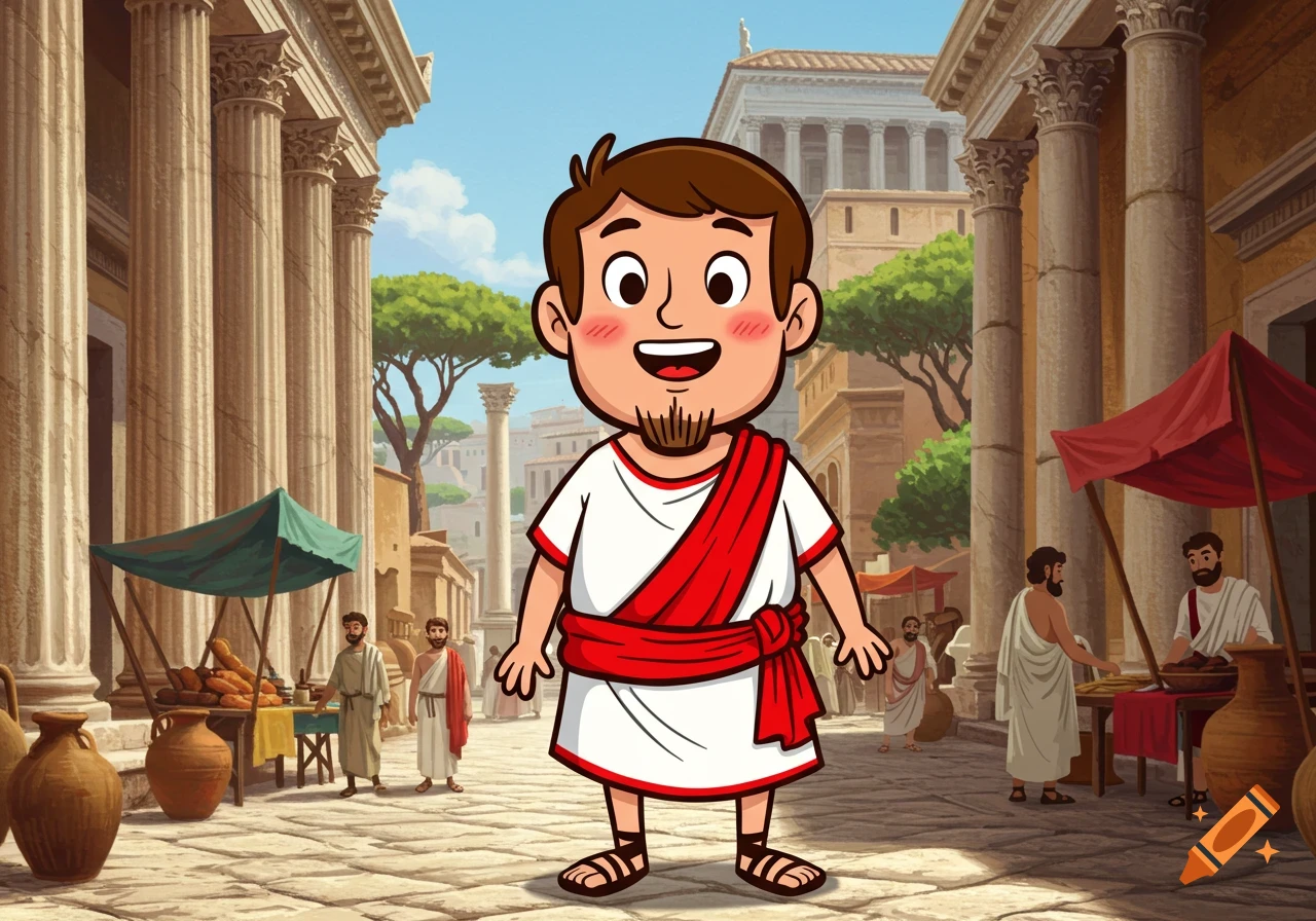 A cartoon character wearing a white tunic and red sash stands in an ancient Roman street.