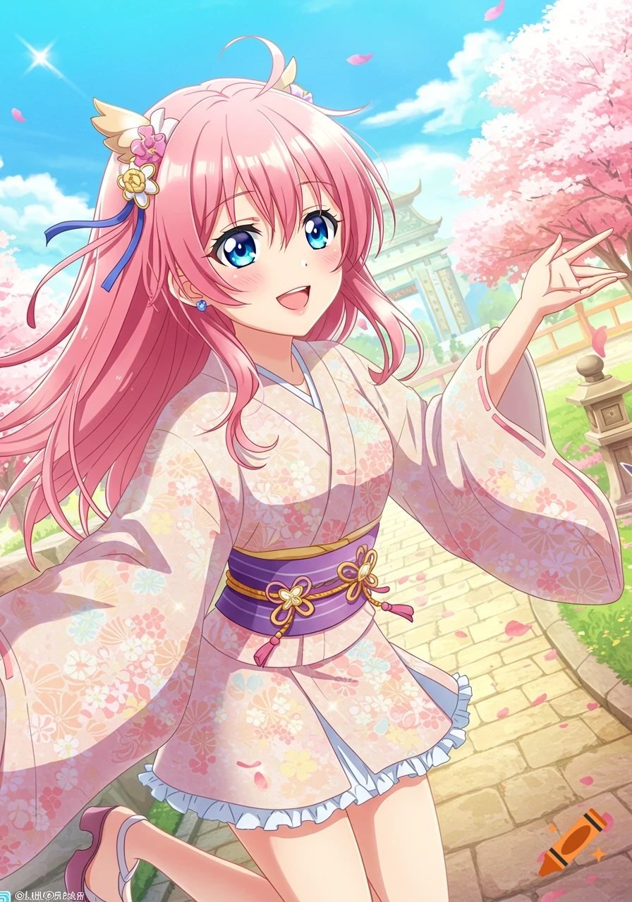 Anime girl in kimono stands among cherry blossoms.
