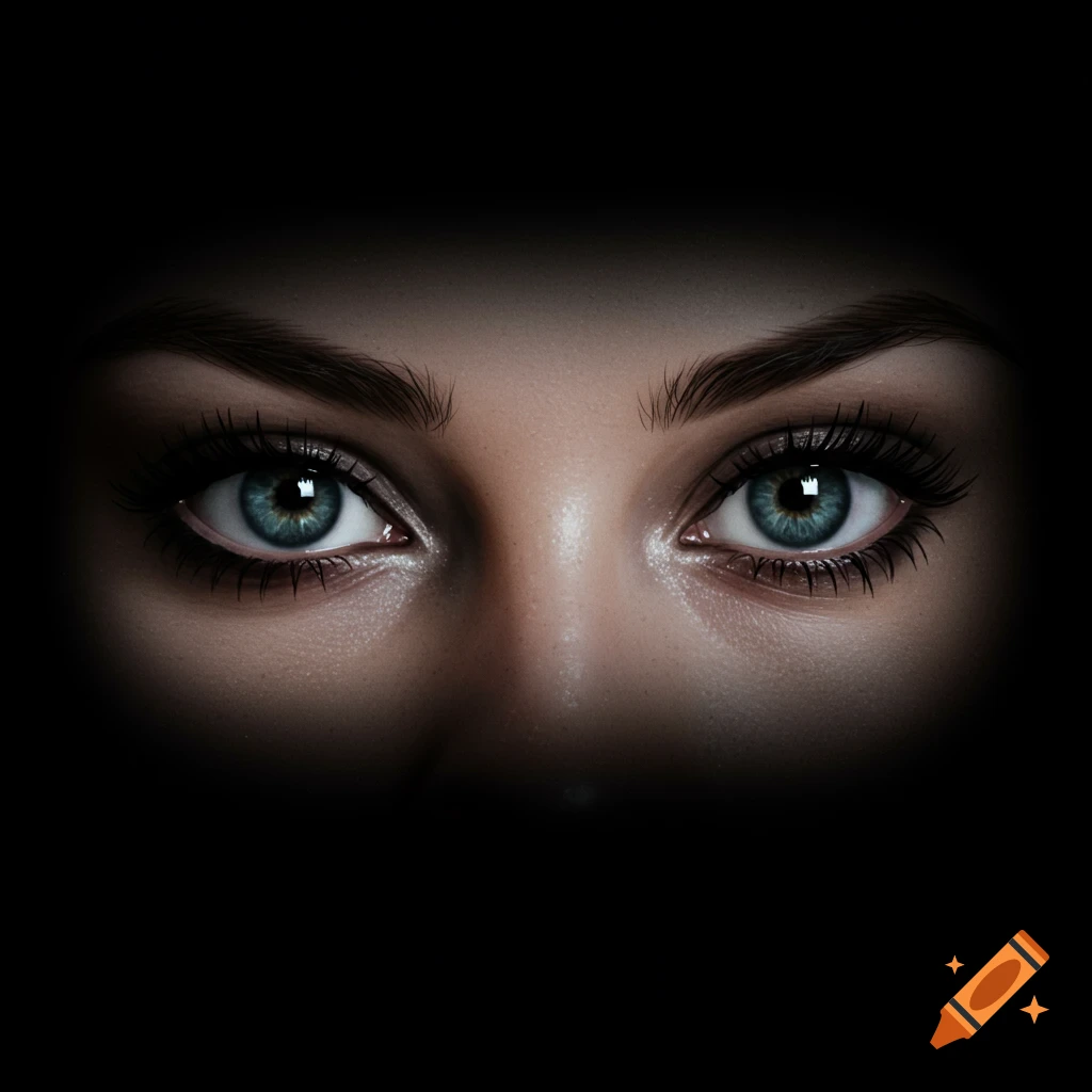 Realistic close-up of human eyes looking out of darkness.