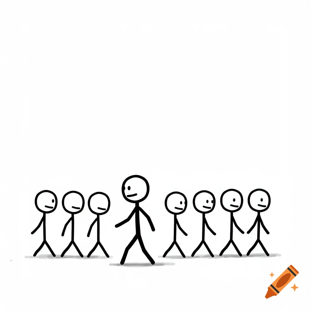 A larger stick figure walks ahead of several smaller stick figures.