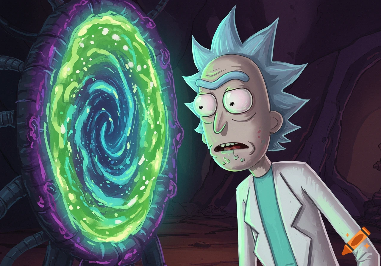 Rick Sanchez looks into a glowing green and purple portal in cartoon style.