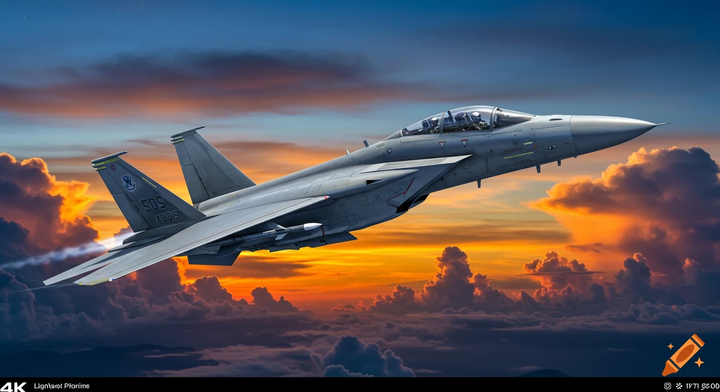 Fighter jet flying through a dramatic sunset sky.