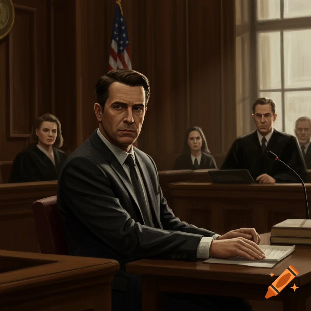 A man in a suit sits at a table in a courtroom, with other figures in the background.
