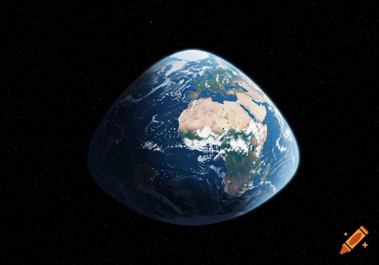 A pyramid-shaped Earth with rounded edges floats in space, showing continents and clouds.