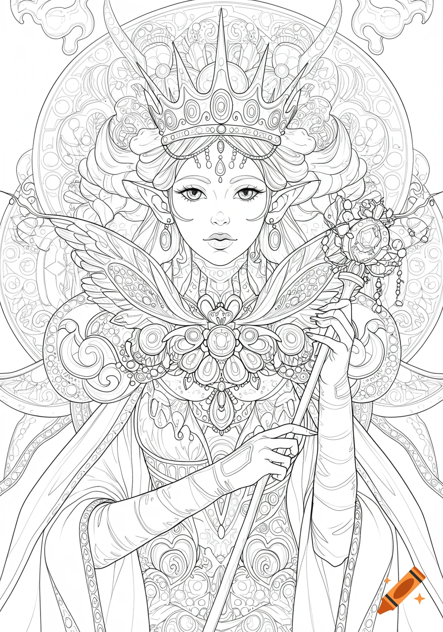 Black and white line art coloring page of an intricate fantasy space queen portrait.