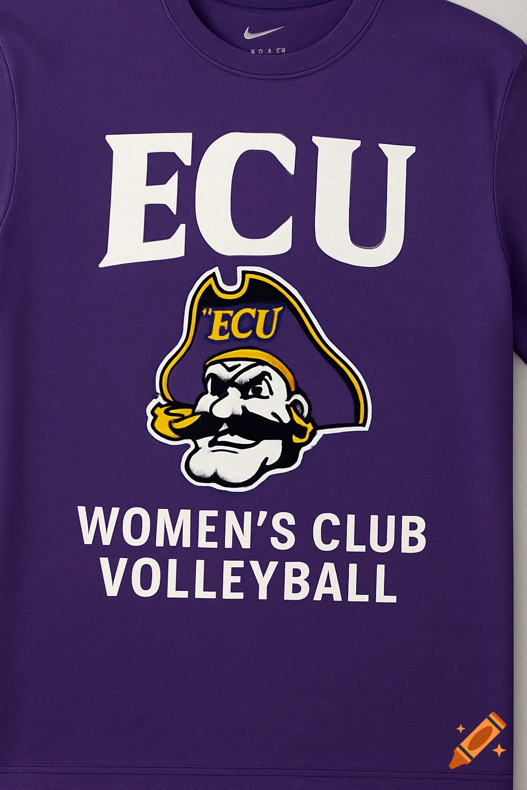 Purple t-shirt with ECU Women's Club Volleyball text and pirate mascot logo.