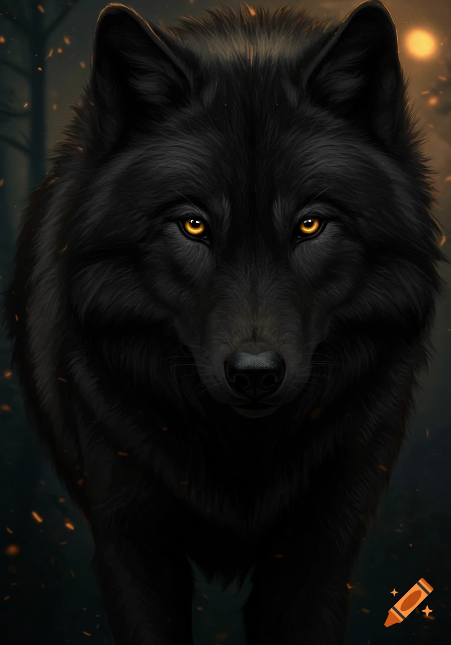 Close-up digital illustration of a black wolf with glowing yellow eyes