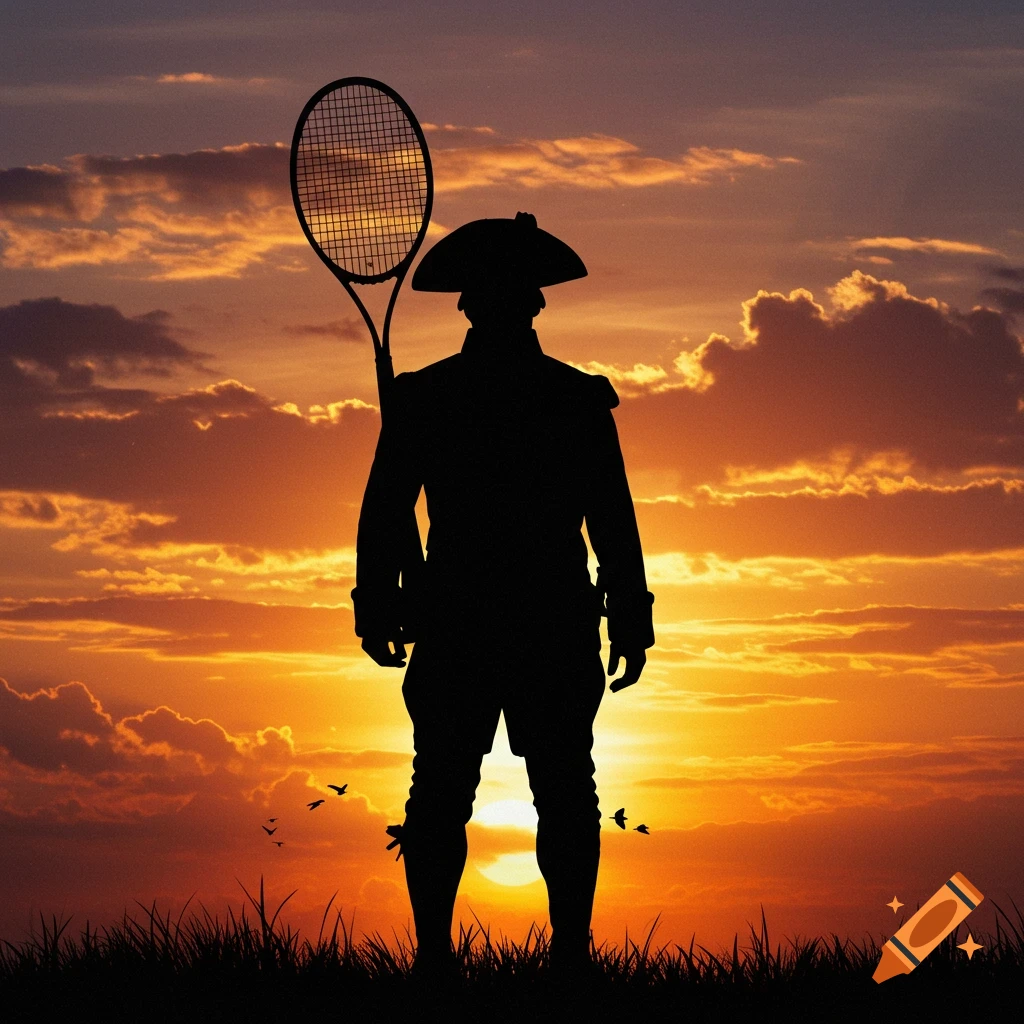 Silhouette of a revolutionary war soldier holding a tennis racquet against a sunset.