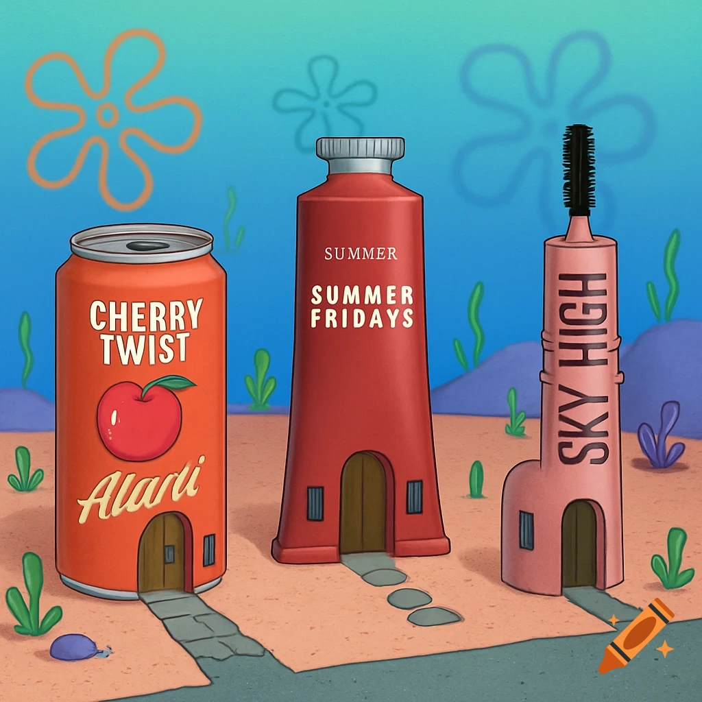 Cartoon underwater scene with houses shaped like a Cherry Twist Alani can, a Summer Fridays bottle, and a Sky High mascara tube.