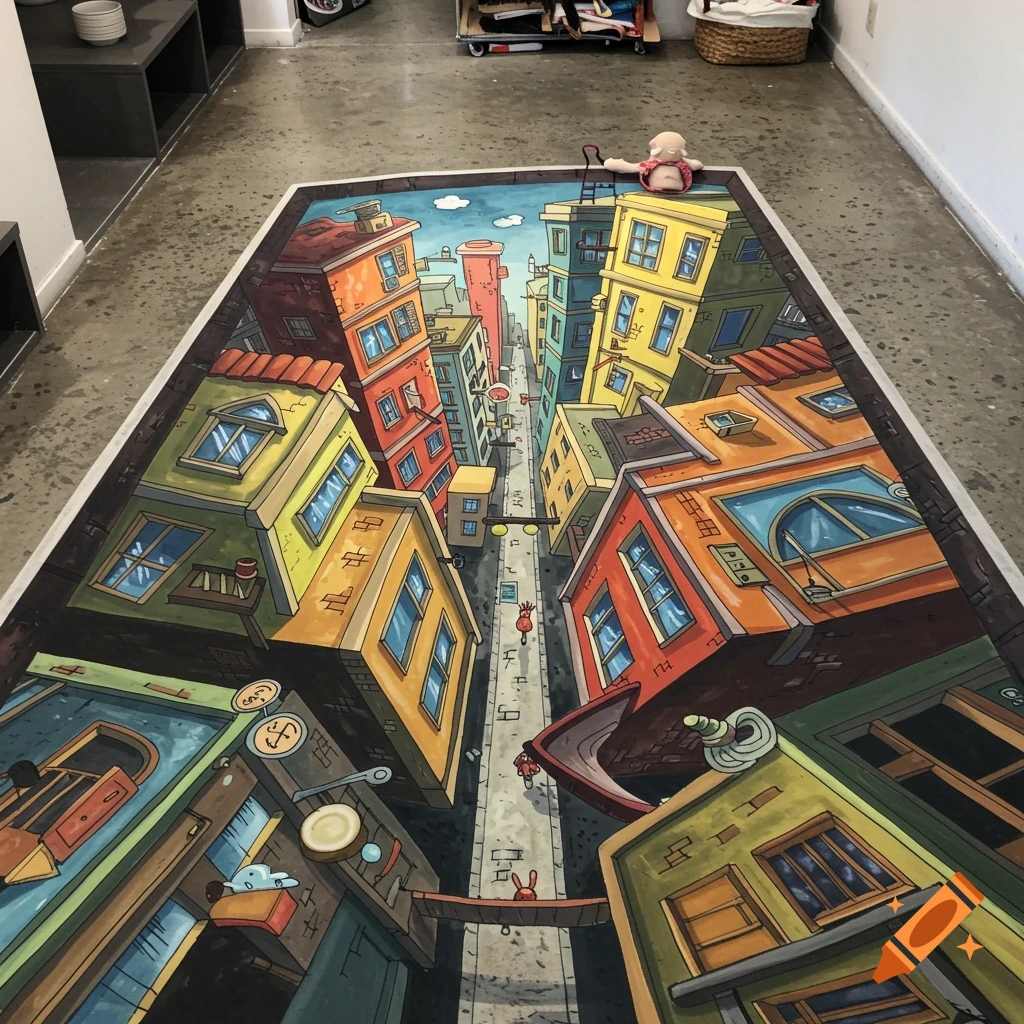 A 3D street art illusion drawn on a floor depicting a cartoon city street with tall, colorful buildings.