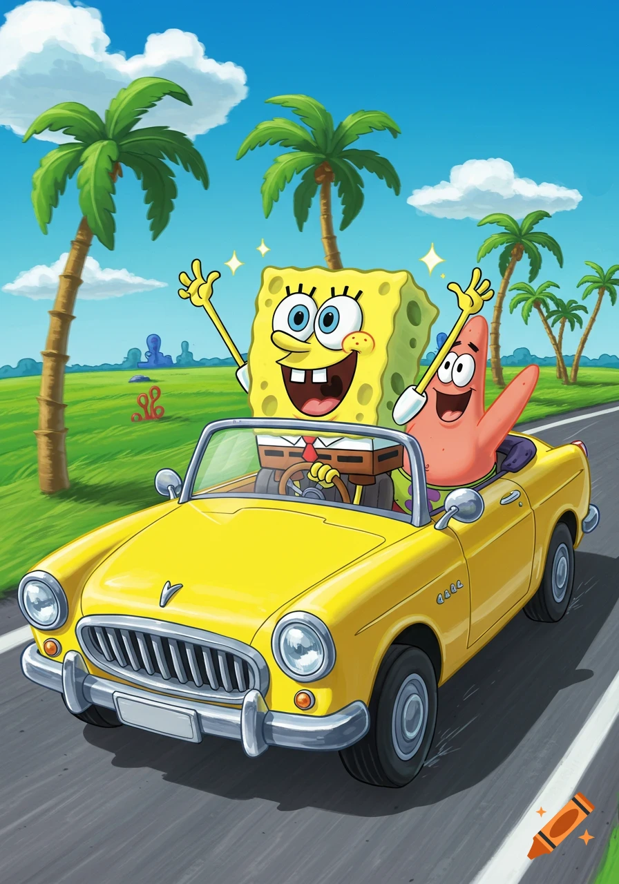 Spongebob and Patrick drive a yellow convertible with palm trees in the background.