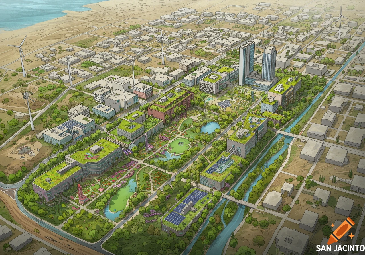 Aerial illustration of San Jacinto, a planned city with green spaces, windmills, and river.