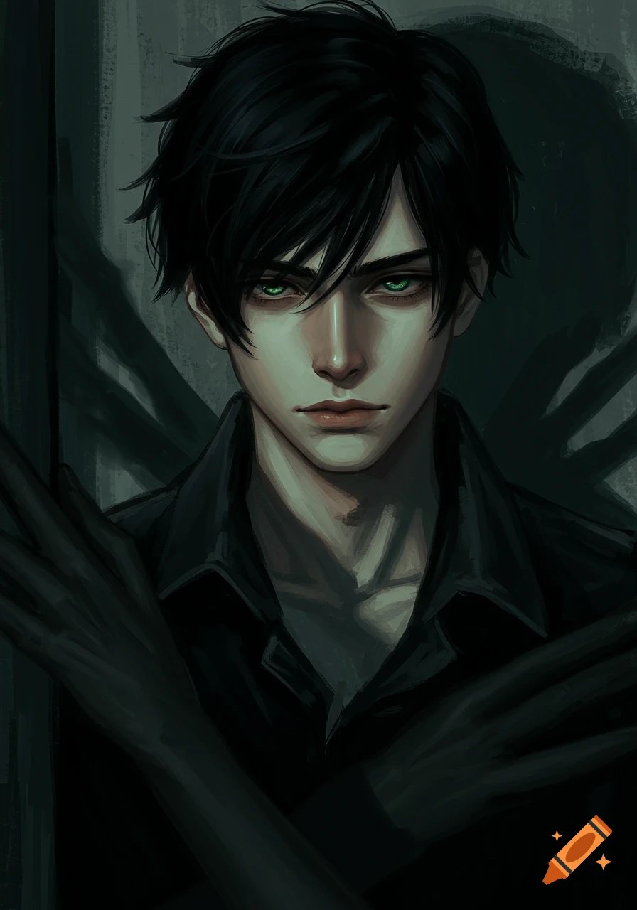 Illustrated portrait of a young man with black hair and green eyes in ...