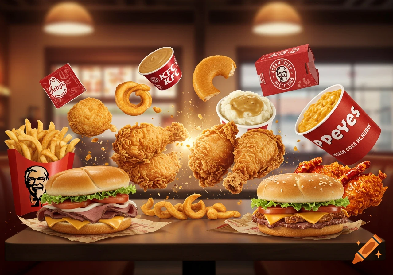 Fast food items from KFC, Arby's, and Popeyes, including chicken, fries, sandwiches, and sides, float dynamically above a table.