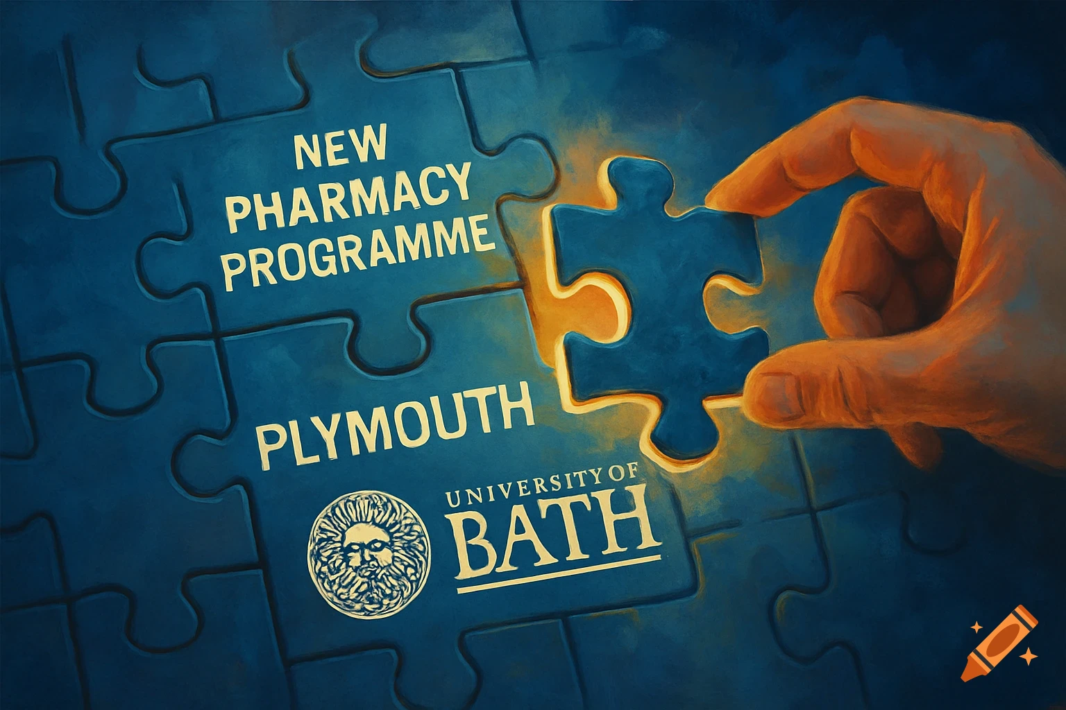 A hand places a glowing puzzle piece into a blue puzzle with text about a new pharmacy programme from the University of Bath in Plymouth.