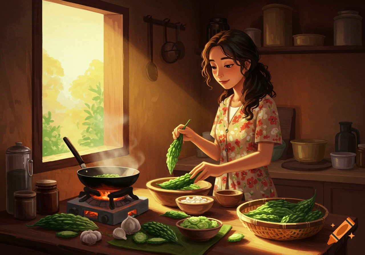 A woman cooks bitter gourd in a warm, sunlit kitchen. She is adding the vegetable to a pan on a stove.