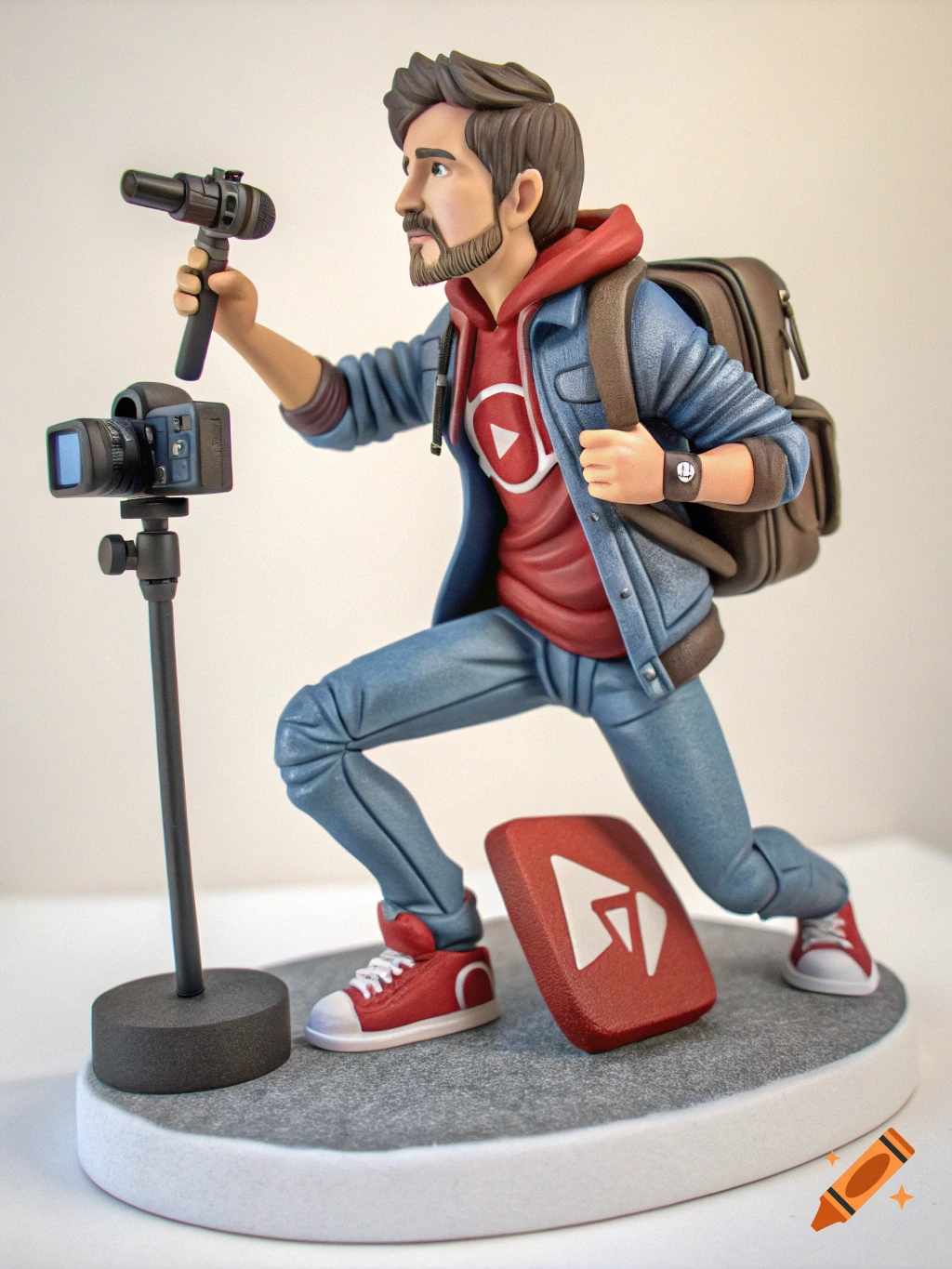 Action figure of a male vlogger holding a camera and microphone, standing on a base with a YouTube logo.