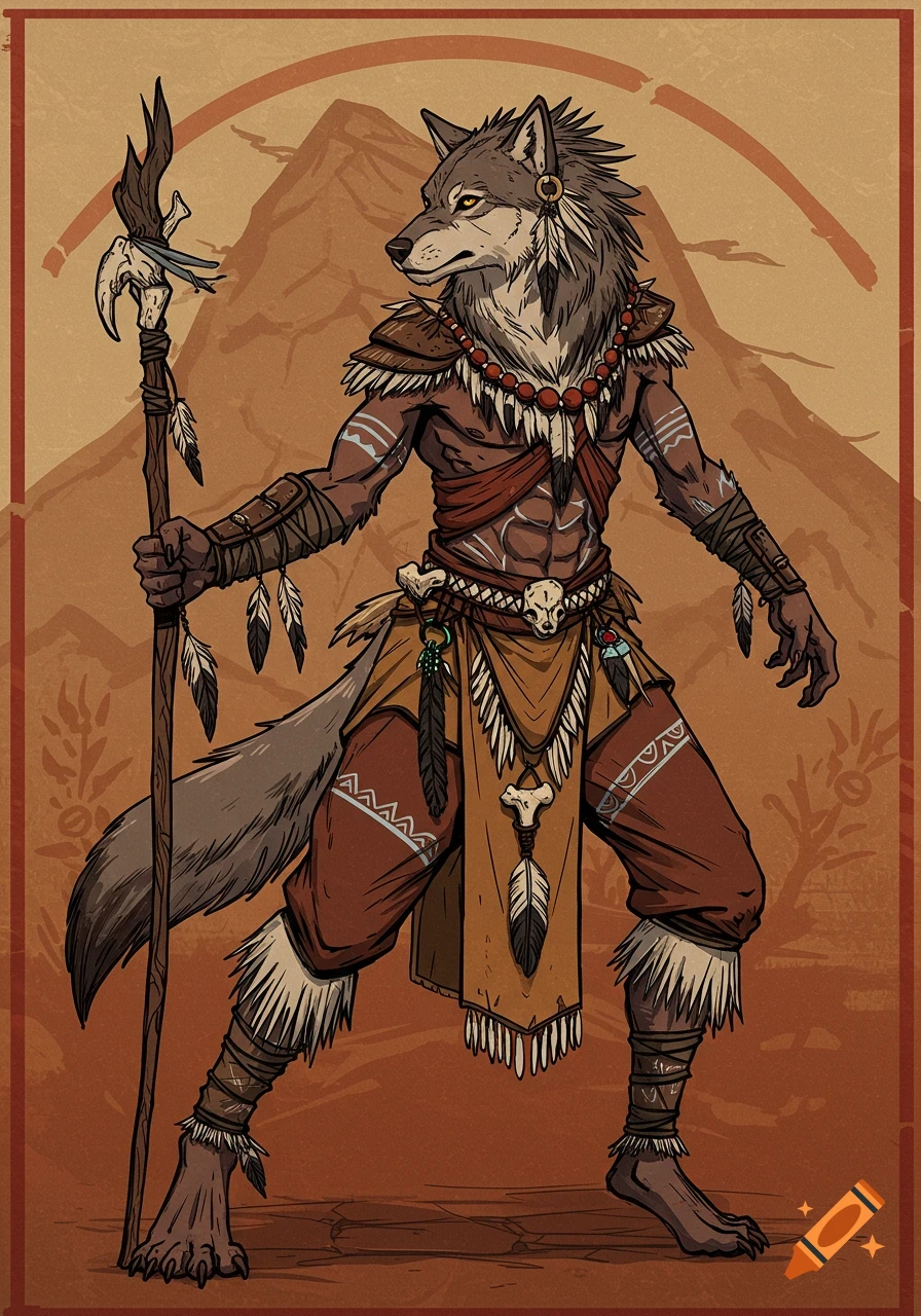 Stylized illustration of a wolf-like creature in tribal attire holding a staff against a mountain background.