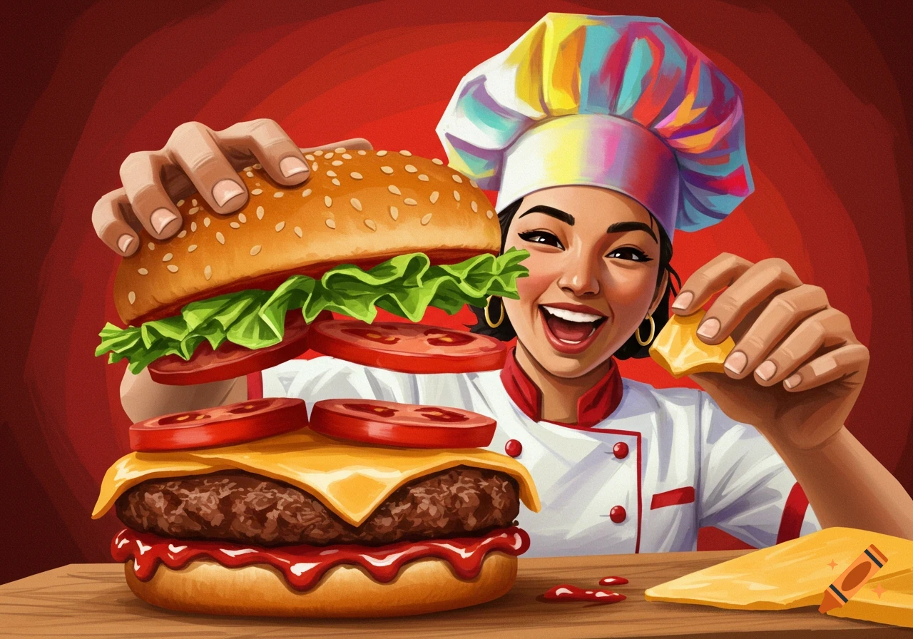 An illustrated chef holding a large burger with lettuce and tomatoes