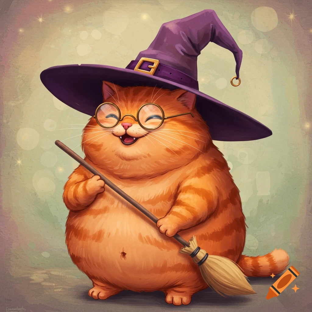 Illustration of a chubby orange tabby cat wearing a purple witch hat and glasses, holding a broom.