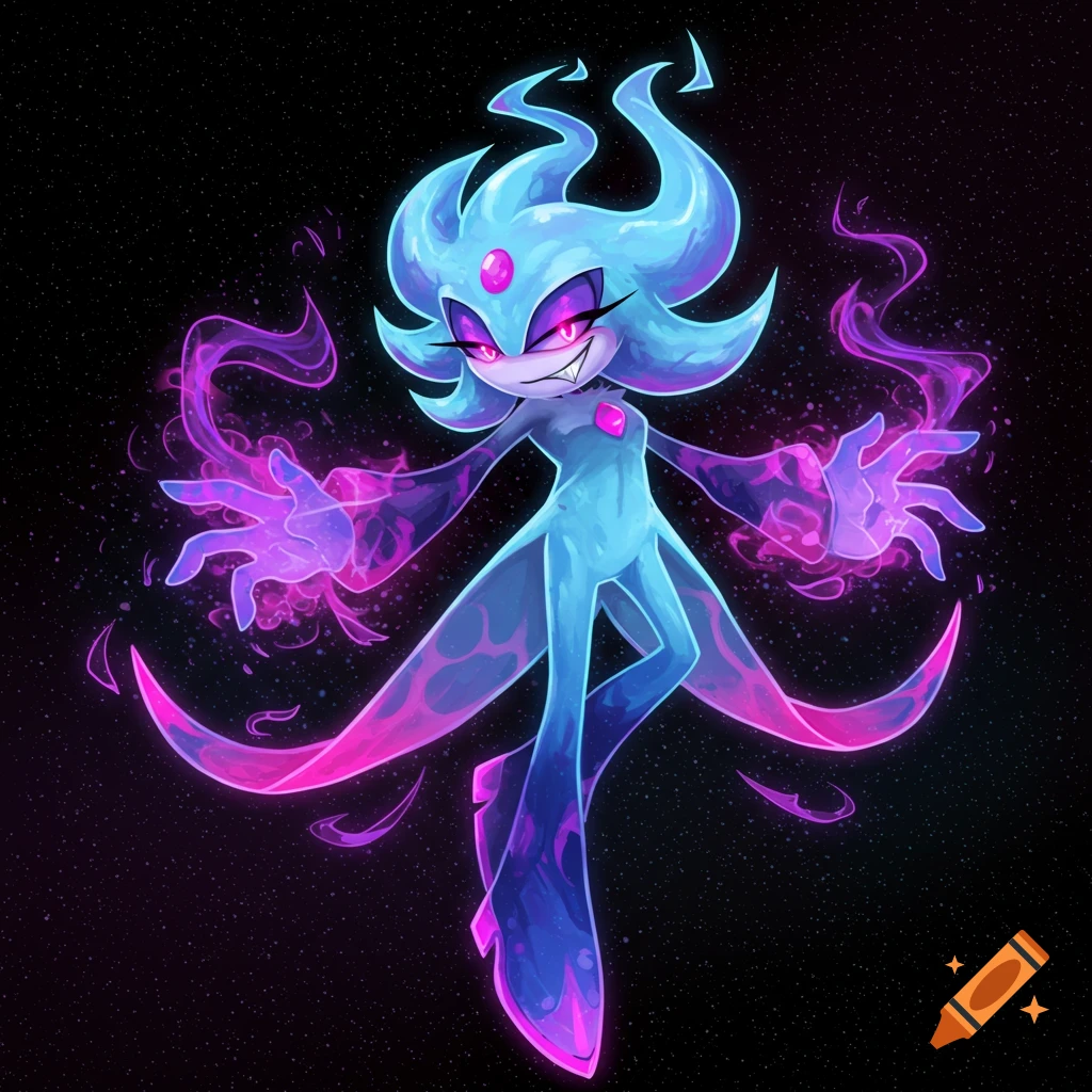 Stylized blue and purple creature with glowing hands against a starfield.