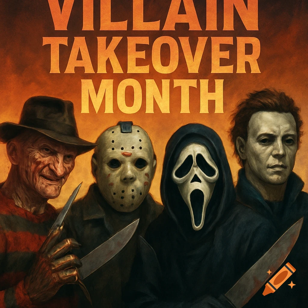Illustration of horror villains Freddy Krueger, Jason Voorhees, Ghostface, and Michael Myers under text 'VILLAIN TAKEOVER MONTH'.