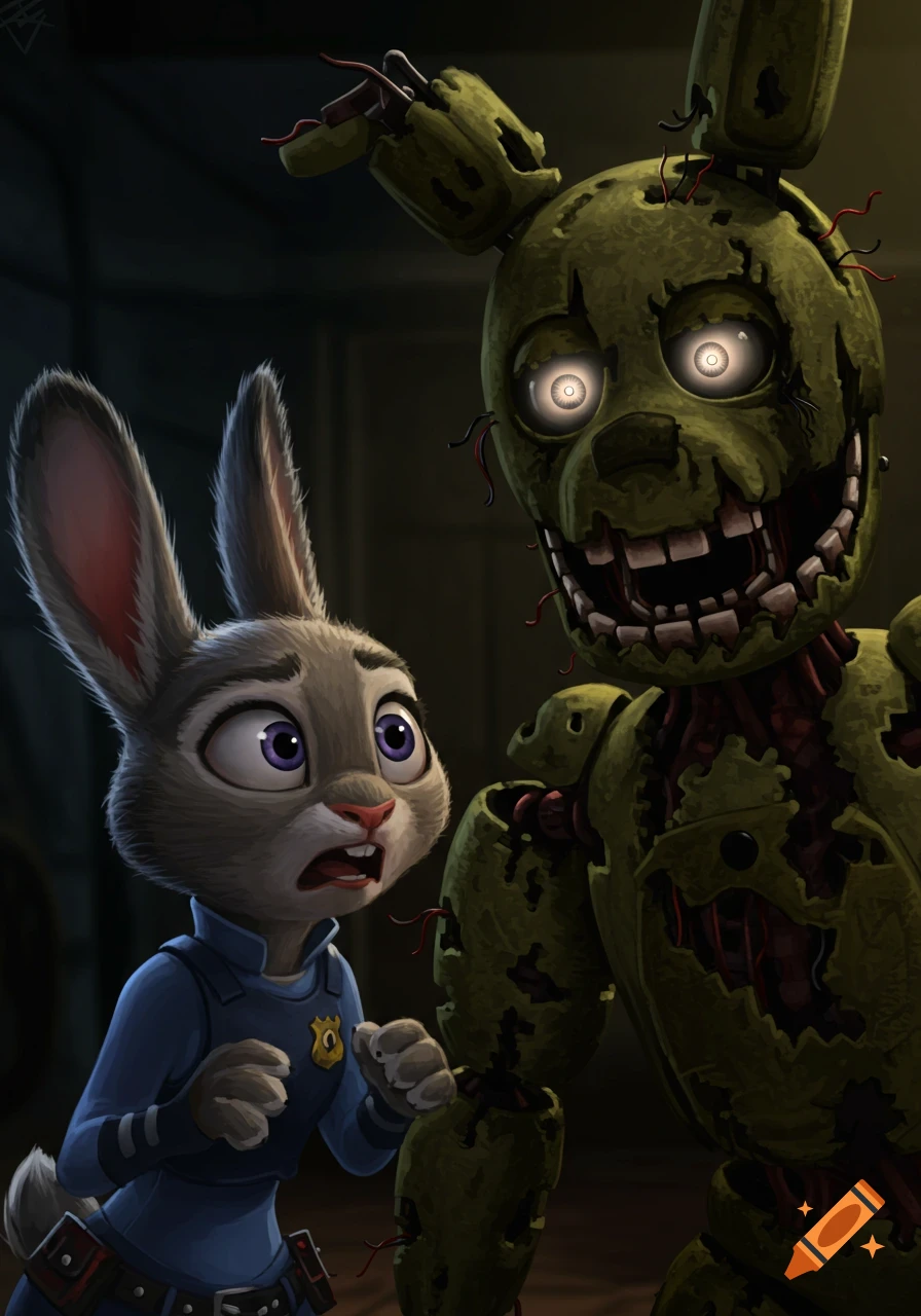 Judy Hopps looks horrified while facing Springtrap in a dark room.