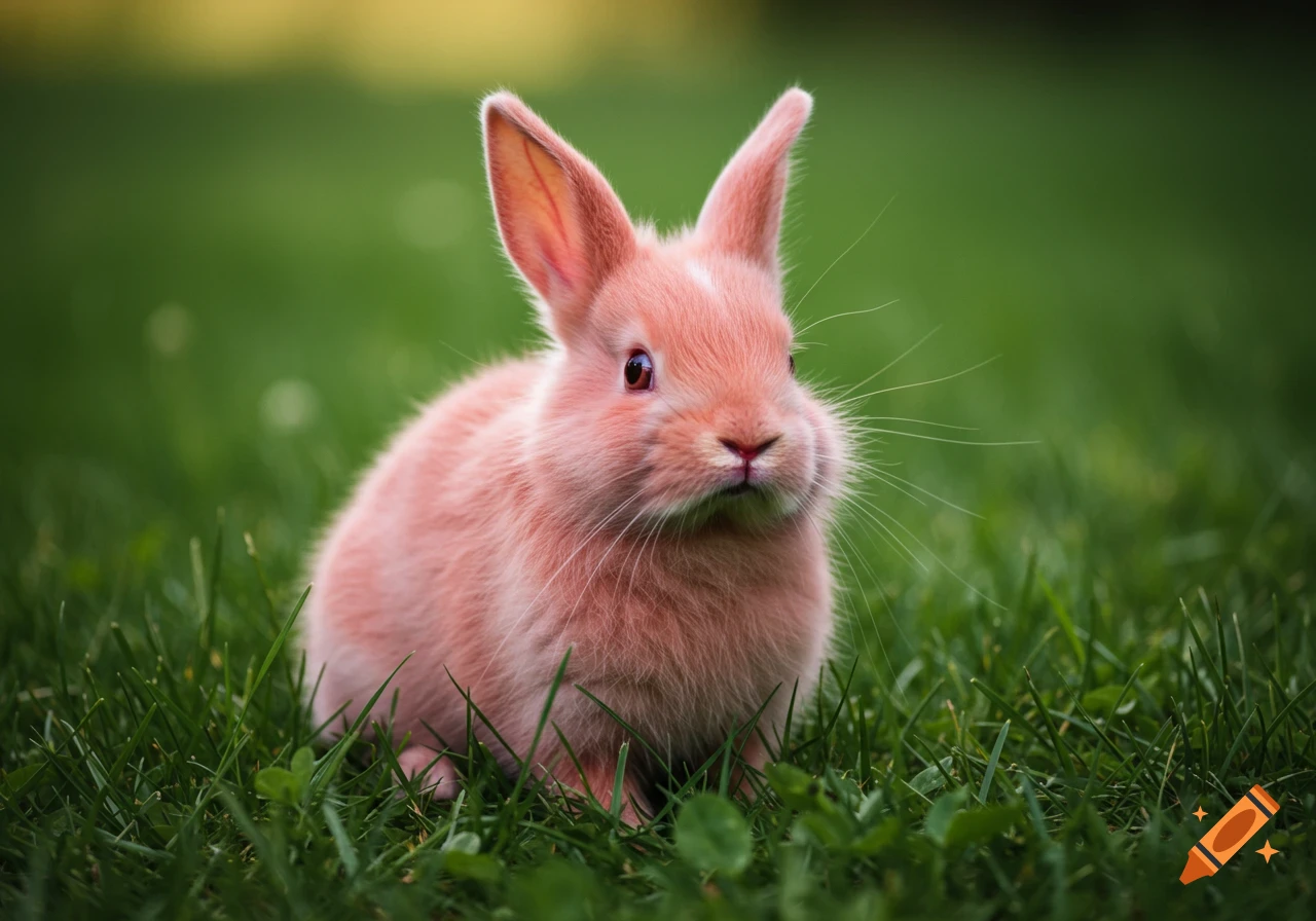 A small pink bunny sits in green grass.