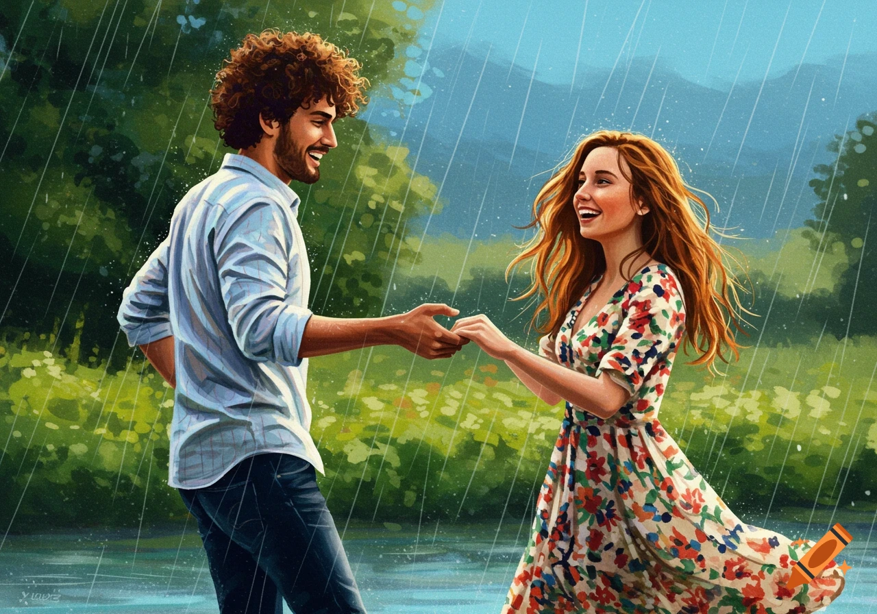 A smiling couple dances hand-in-hand in the rain, digital painting style.
