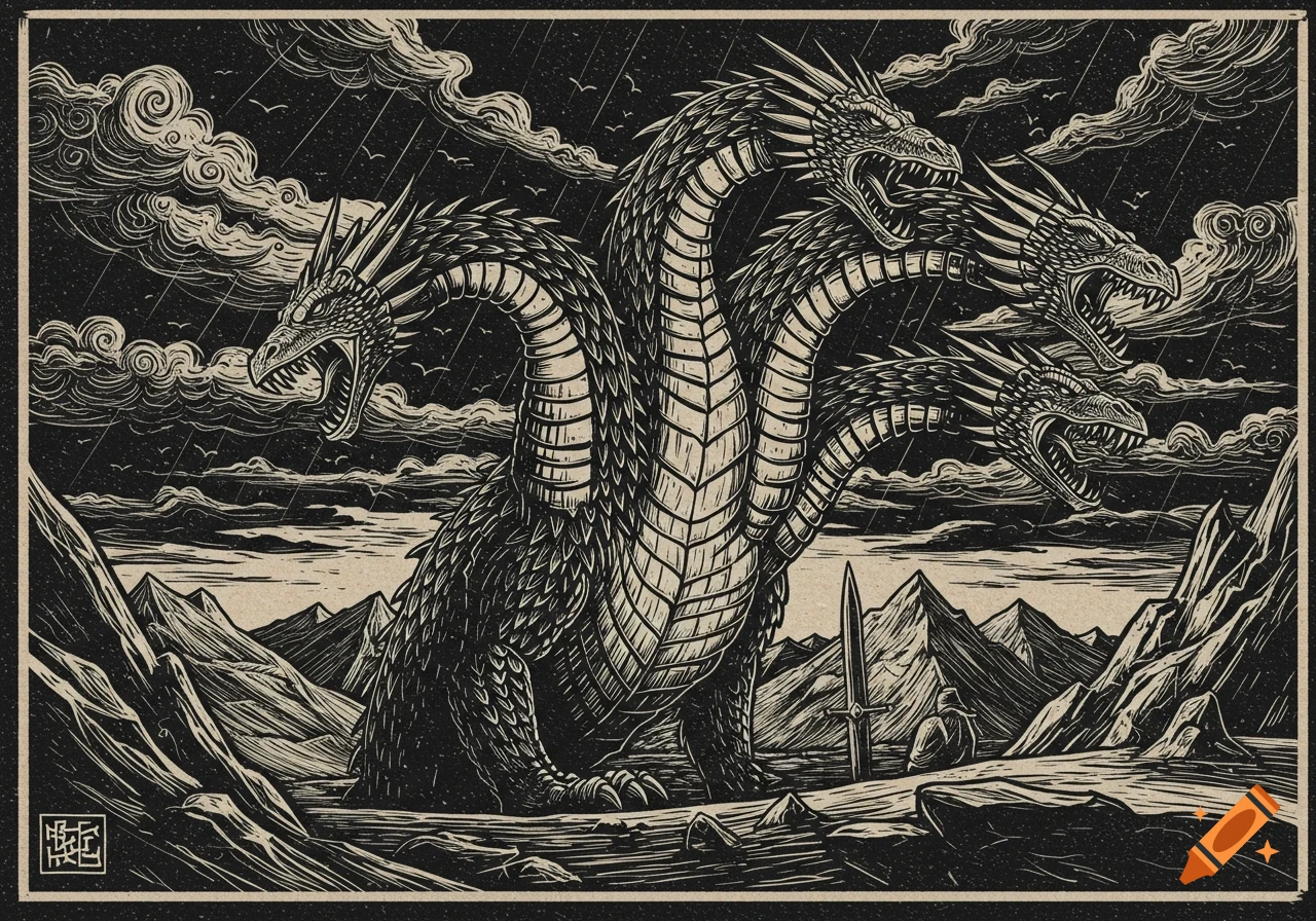 Woodcut illustration of a multi-headed dragon towering over a knight and sword in a mountainous landscape.