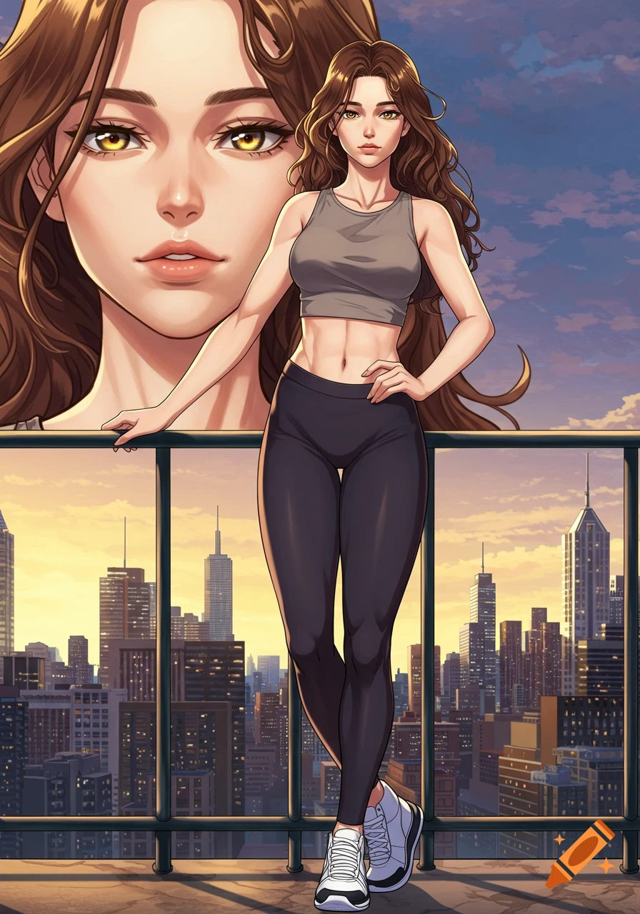 Anime style woman in athletic wear on a balcony overlooking a city skyline at sunset.