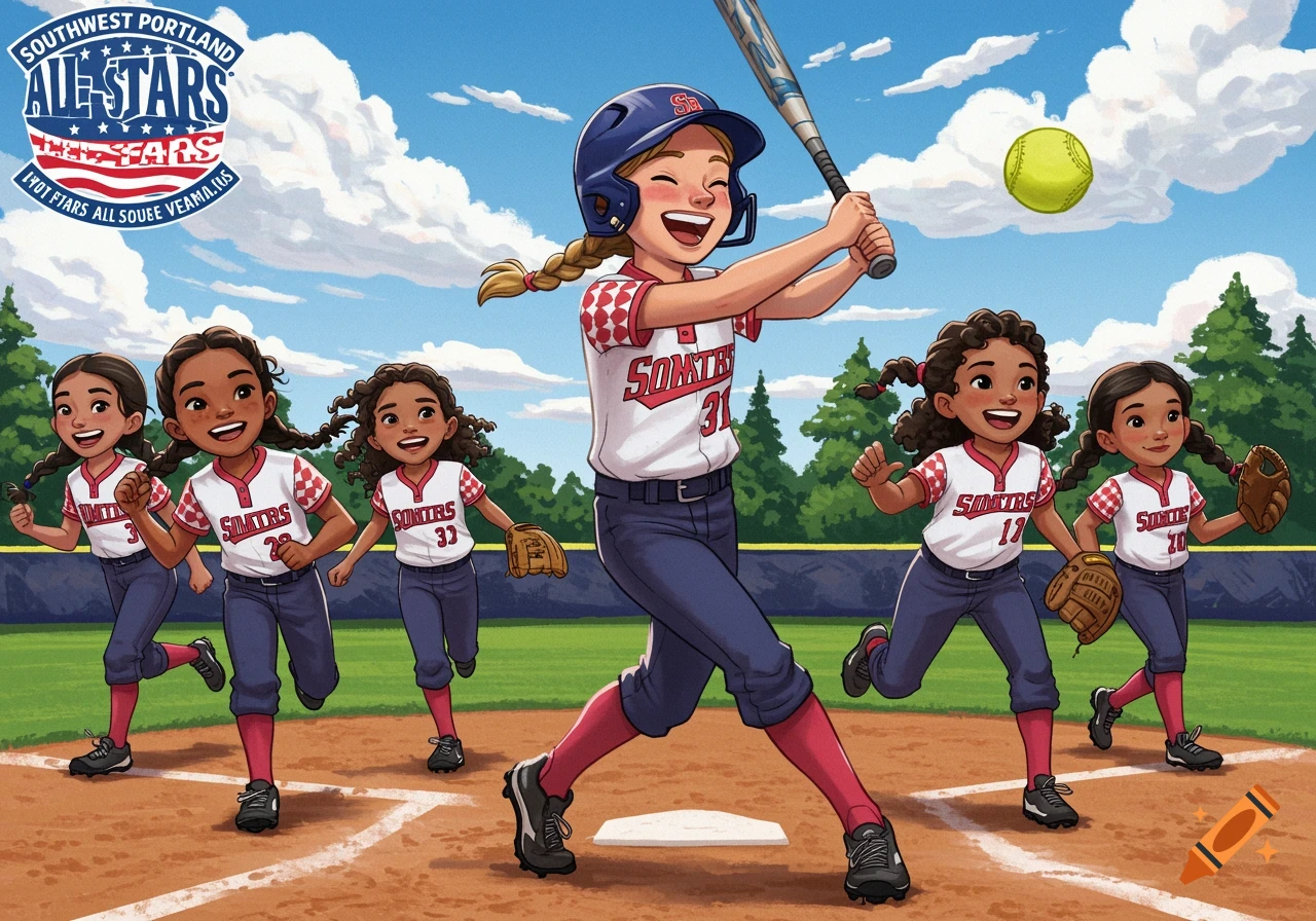 Cartoon illustration of a group of young girls playing softball on a field.