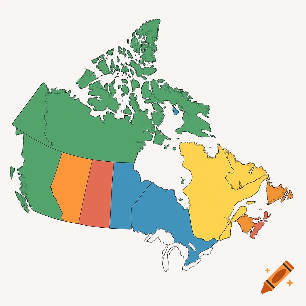 A colorful, stylized map of Canada with regions marked in green, orange, red, yellow, and blue.