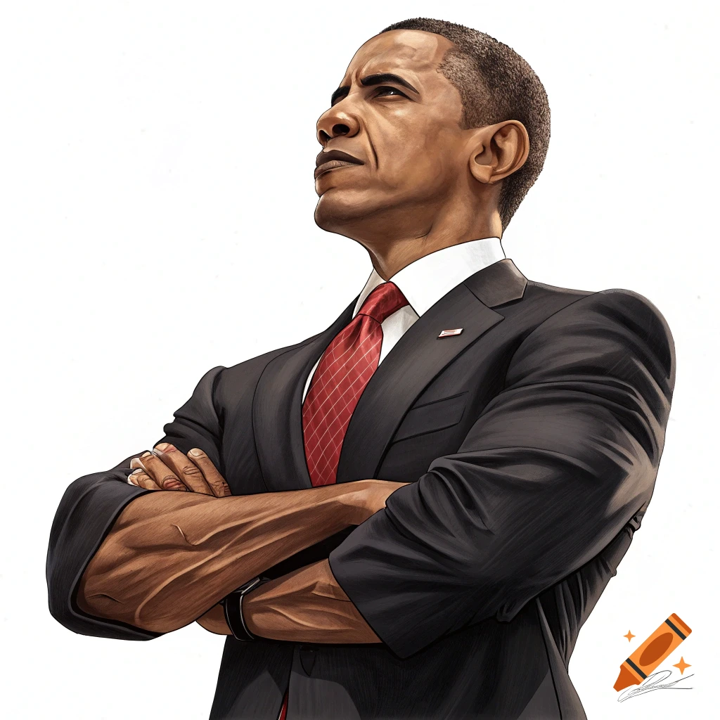Caricature of Barack Obama with exaggerated muscles, arms crossed, looking upwards.