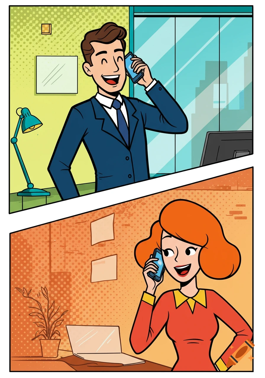 Cartoon split-panel showing a man and woman, both business professionals, talking on cell phones.