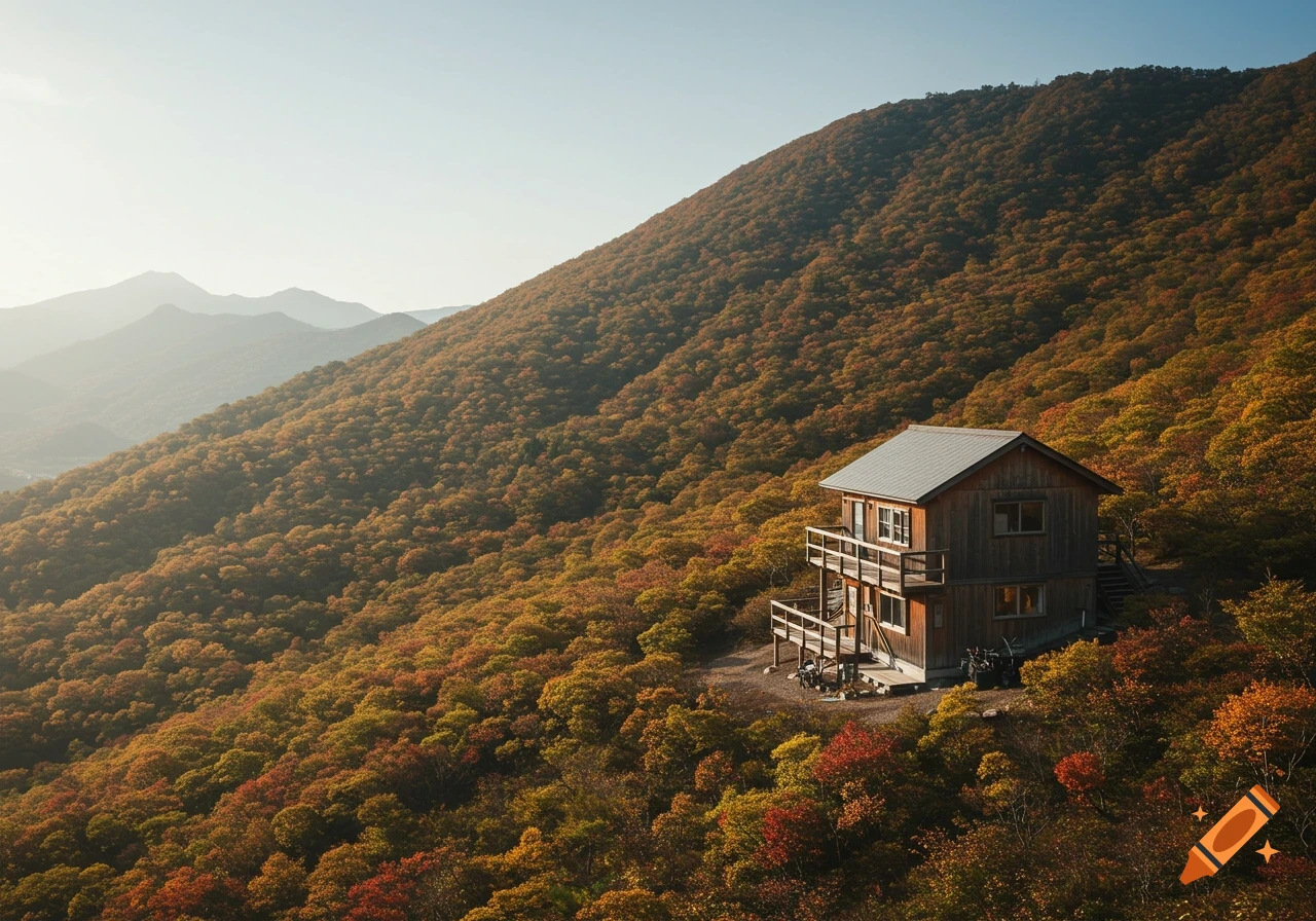 Cabin on an autumn mountain slope under a clear sky
