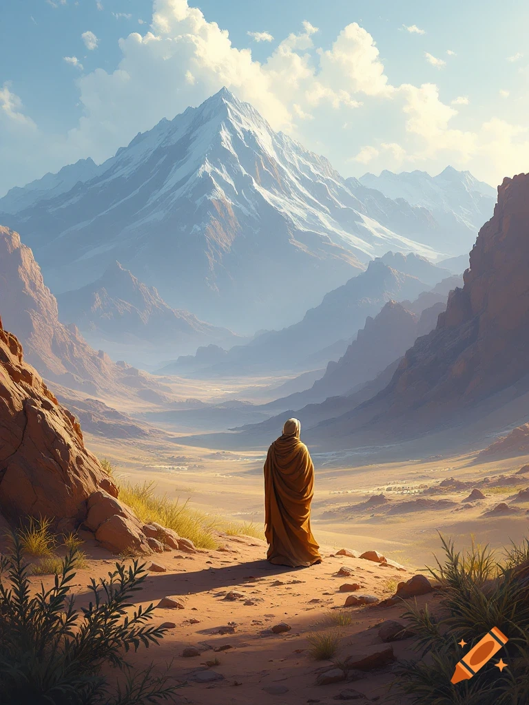 A robed figure stands on a hill looking at a vast desert valley and a snow-capped mountain