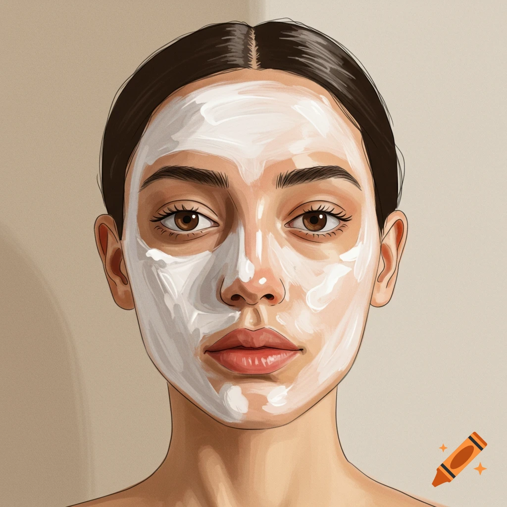 A drawing of a woman's face with a white mask applied, in a simple illustration style.