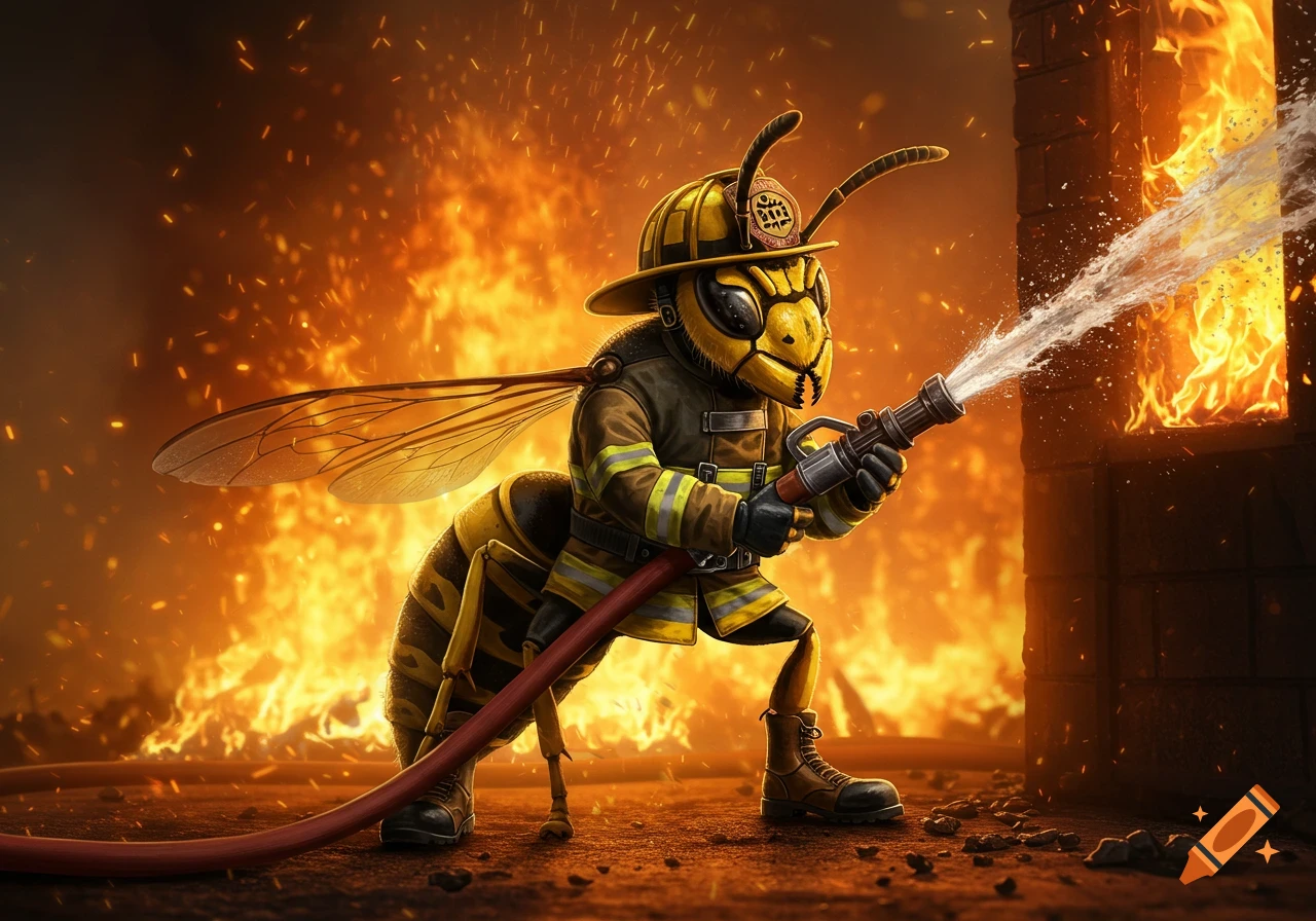 Wasp firefighter spraying water on a burning building with a hose